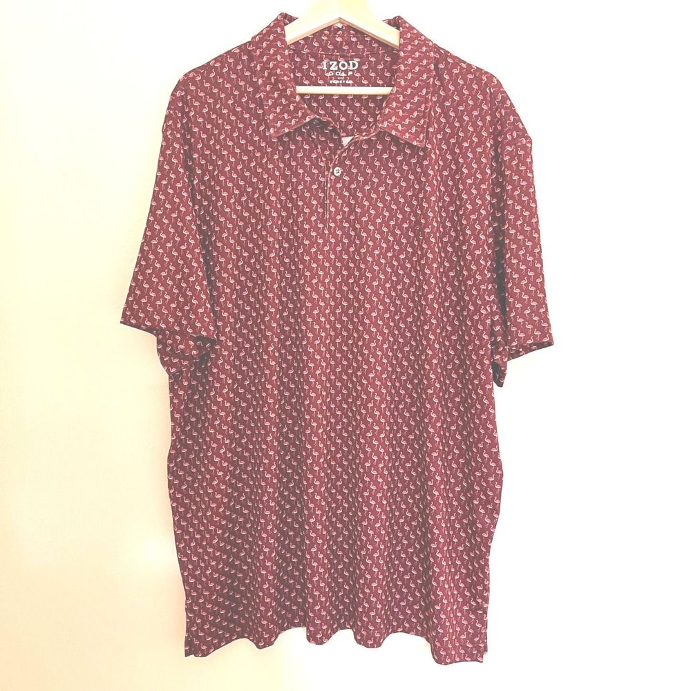 IZOD‎ Golf Mens XXL Flamingo Print Polo Shirt Burgundy Stretch Short Sleeve